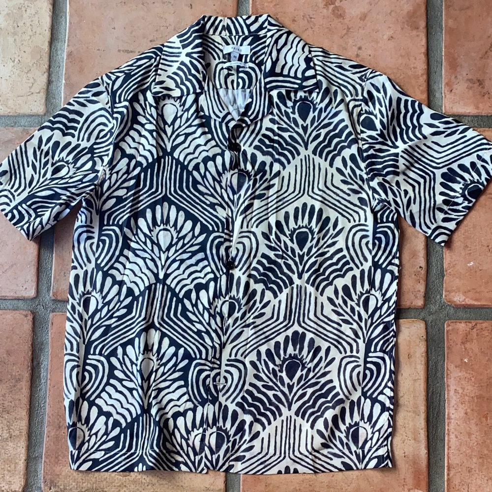 Reiss Silky Black Cream Button Down Pattern Dress Short Sleeve Shirt